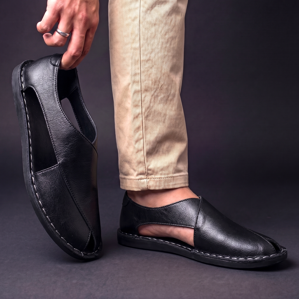 Men's Leather Slip on Sandals with Peshawari Side Cutouts and Textured Grain - Image 6