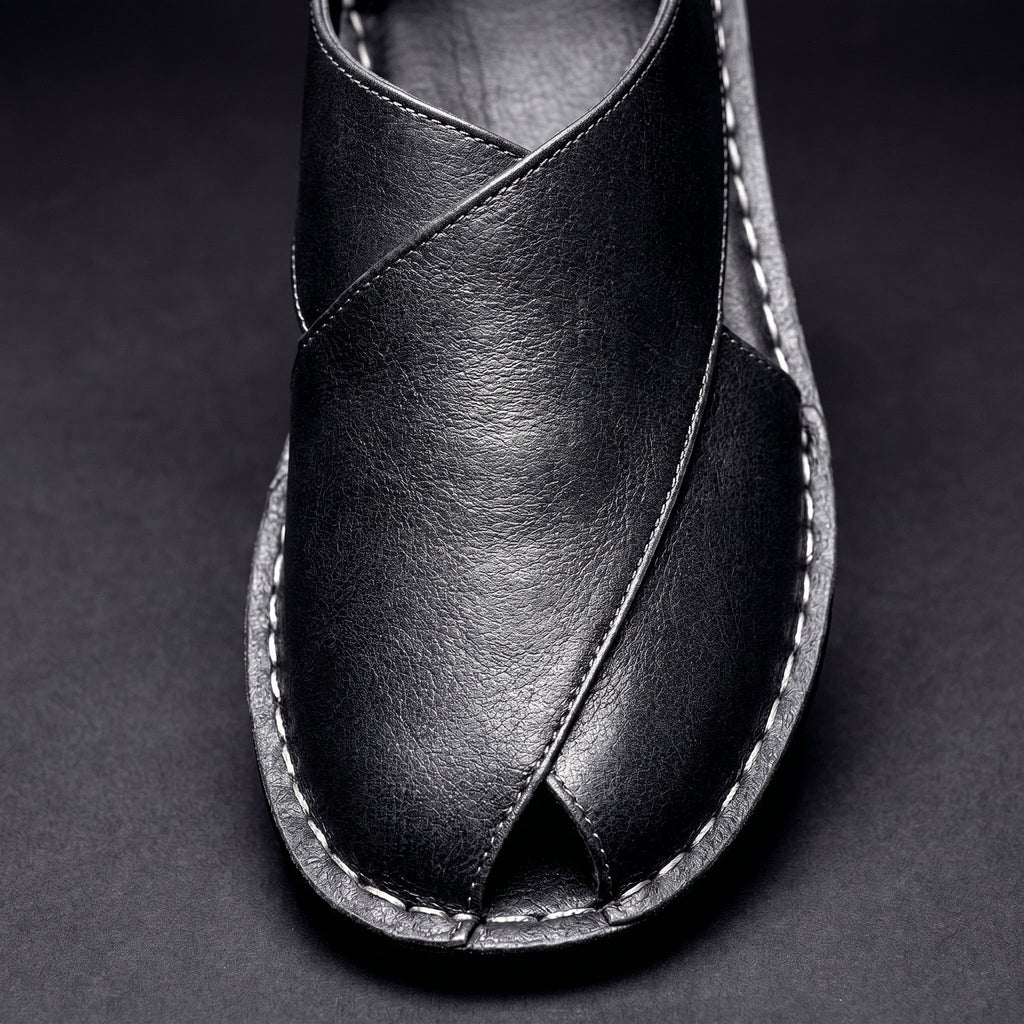 Men's Leather Slip on Sandals with Peshawari Side Cutouts and Textured Grain - Image 8