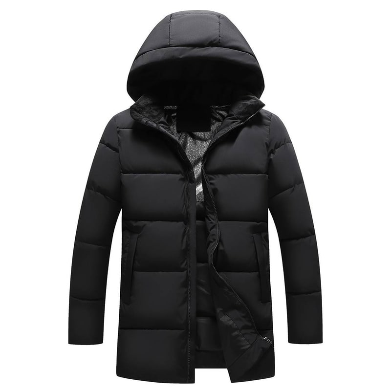 Men's Long Puffer Jacket with Hooded Quilted Design and Thermal Lining - Image 1