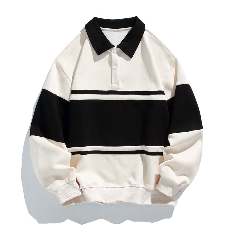 Men's Long Sleeve Polo Sweatshirt with Chest Stripe and Ribbed Cuffs - Image 3