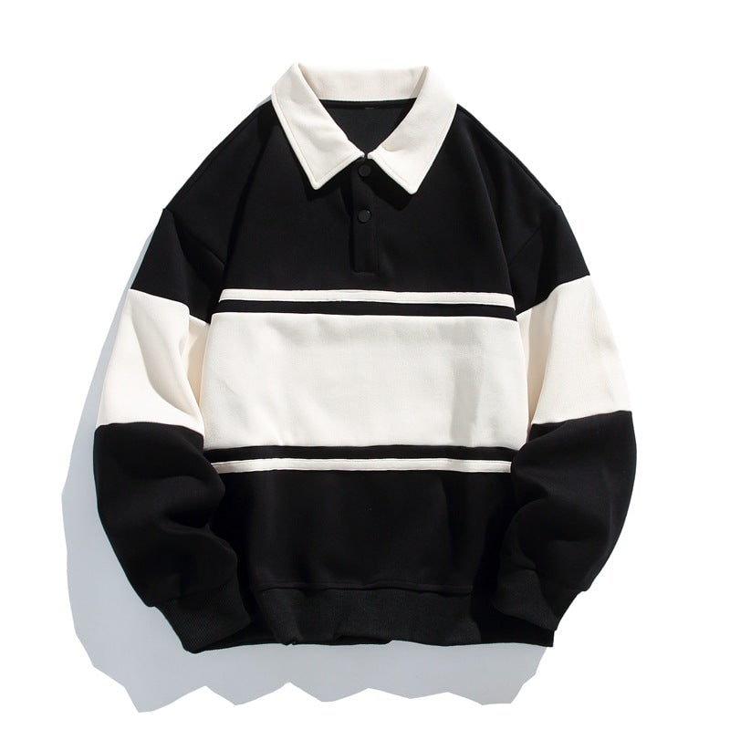 Men's Long Sleeve Polo Sweatshirt with Chest Stripe and Ribbed Cuffs - Image 5