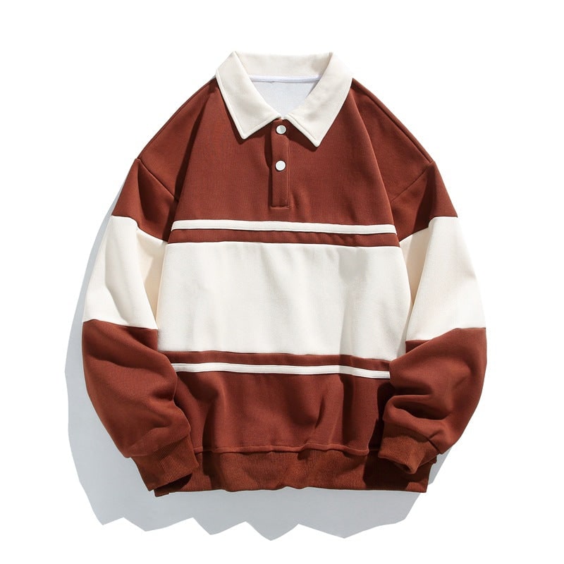 Men's Long Sleeve Polo Sweatshirt with Chest Stripe and Ribbed Cuffs - Image 7