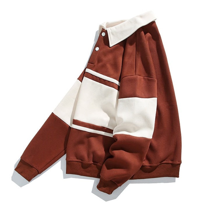Men's Long Sleeve Polo Sweatshirt with Chest Stripe and Ribbed Cuffs - Image 9