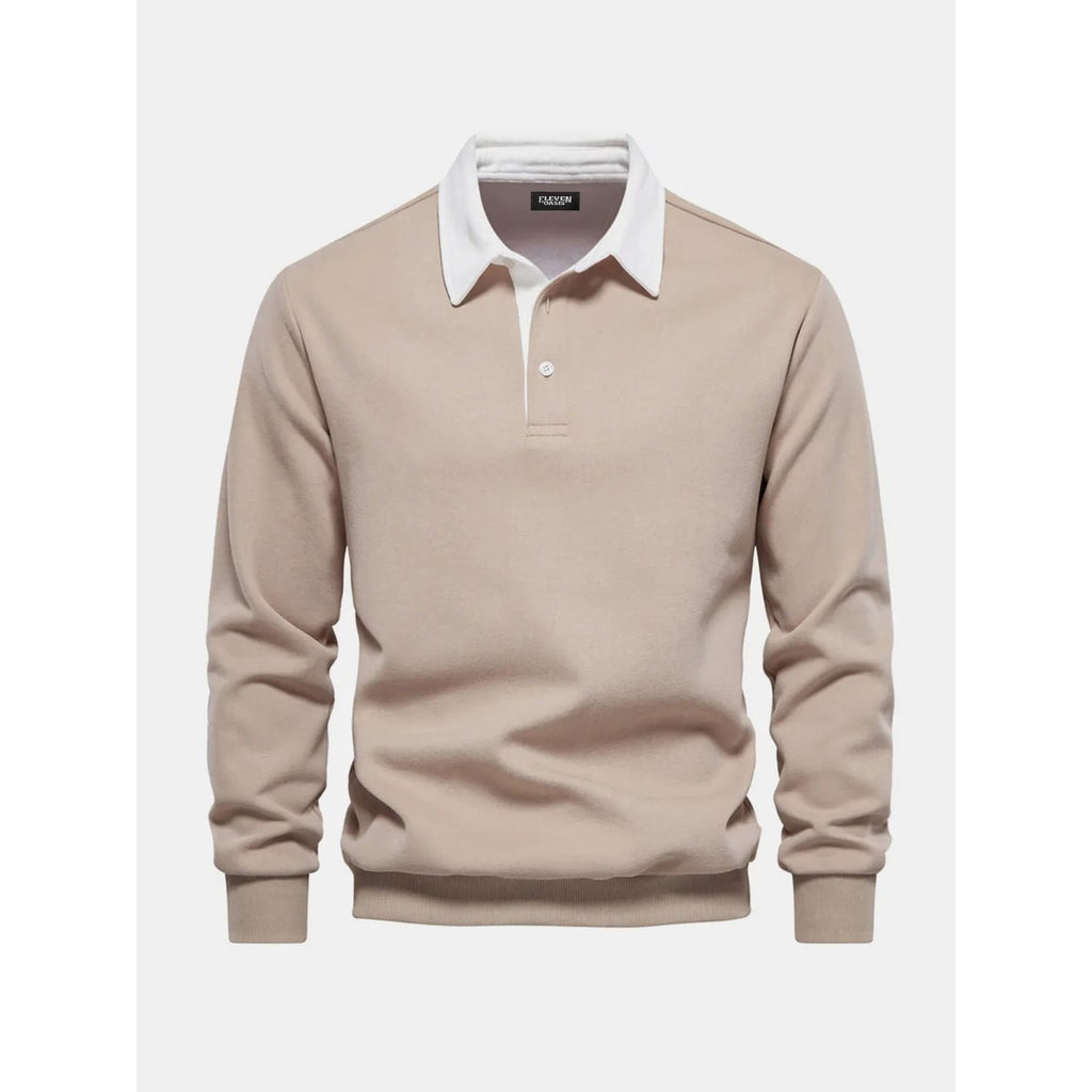 Men's Long Sleeve Polo Sweatshirt with Contrast Collar and Button Placket - Image 1