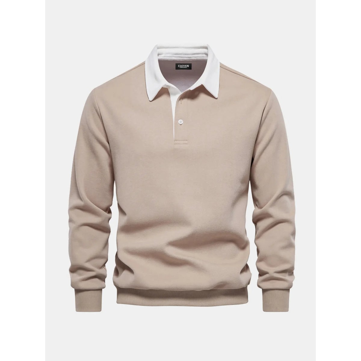 Men's Long Sleeve Polo Sweatshirt with Contrast Collar and Button Placket - Image 1