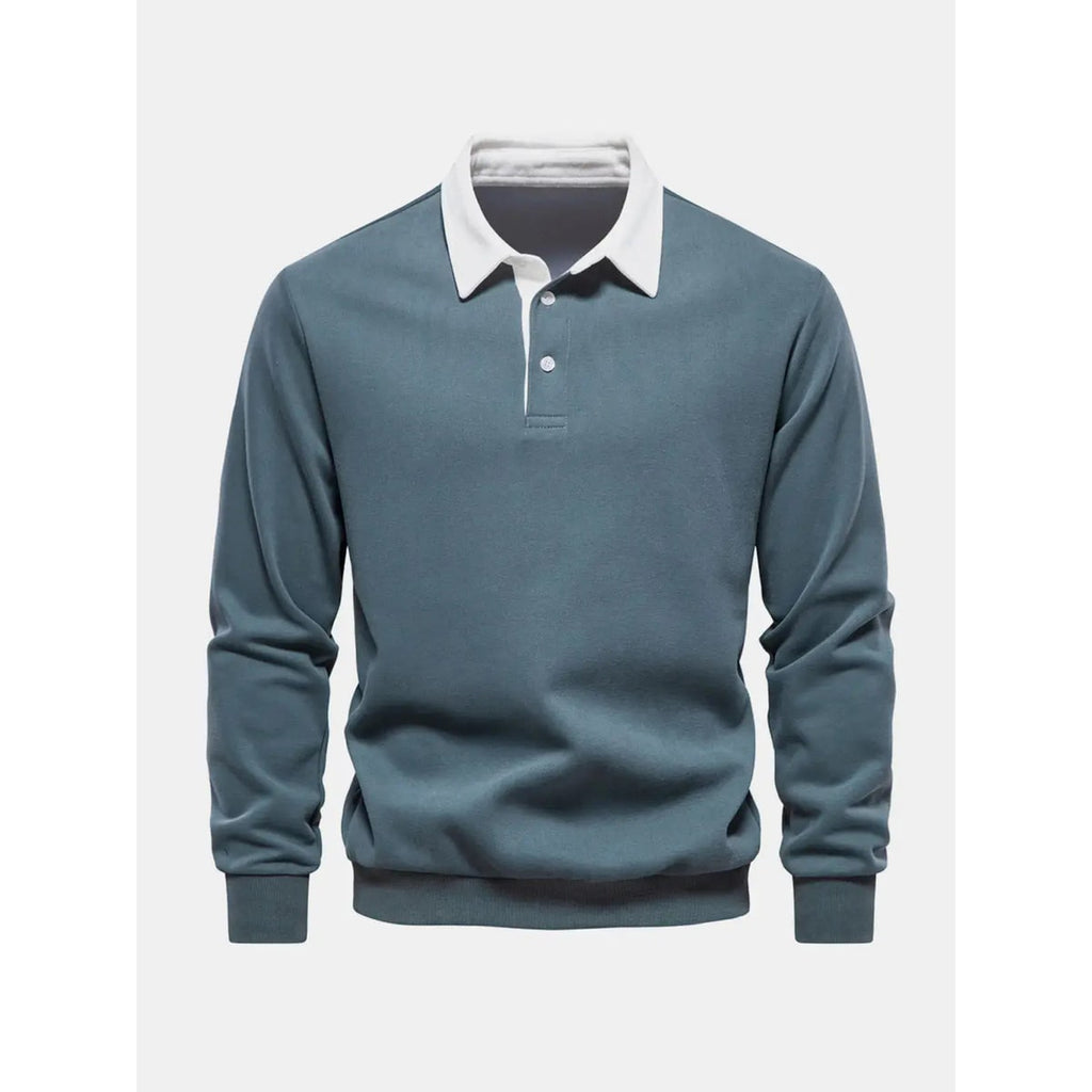Men's Long Sleeve Polo Sweatshirt with Contrast Collar and Button Placket - Image 10