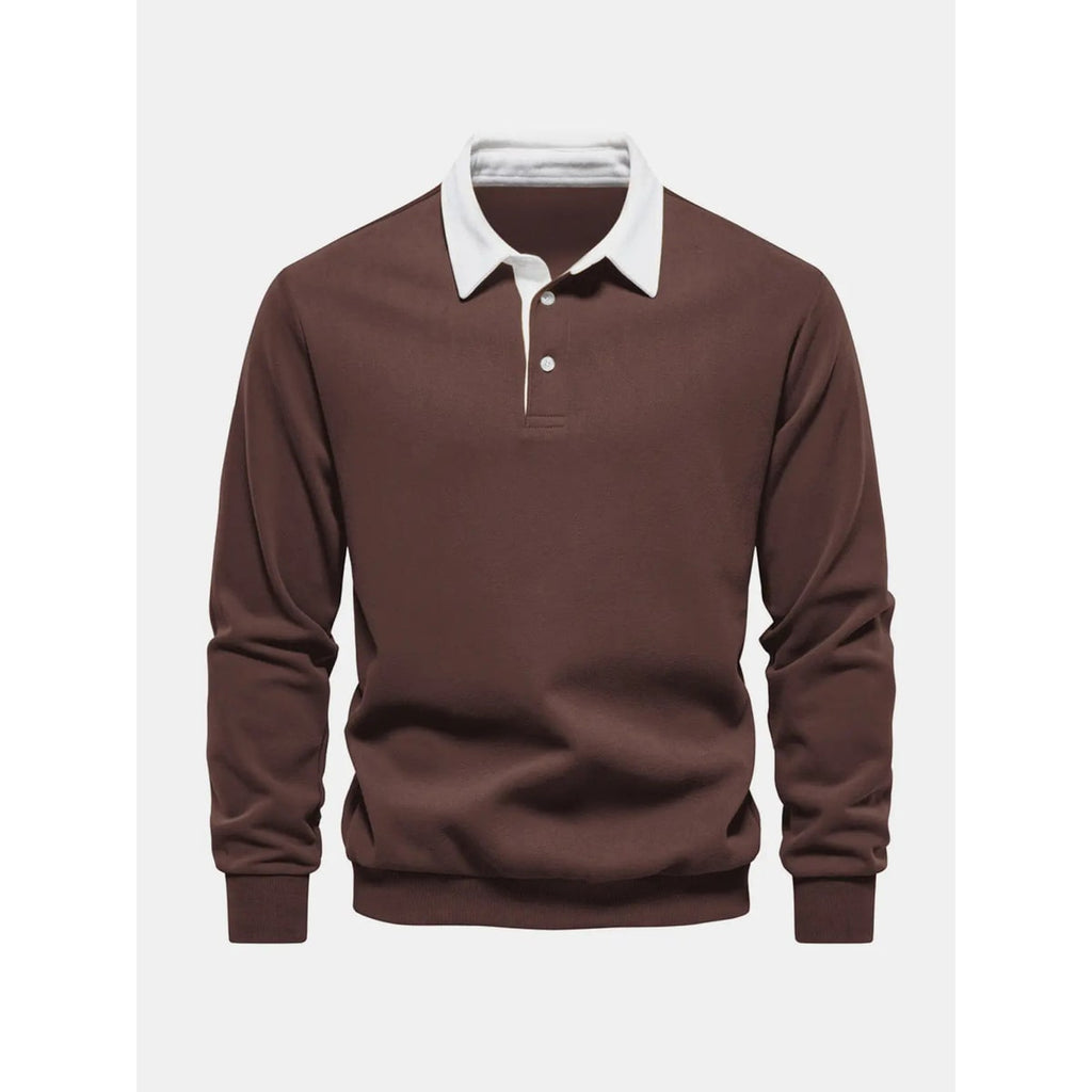 Men's Long Sleeve Polo Sweatshirt with Contrast Collar and Button Placket - Image 11