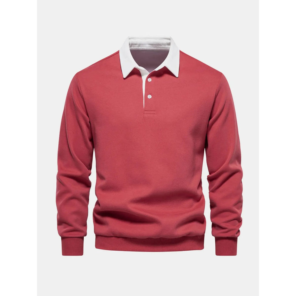 Men's Long Sleeve Polo Sweatshirt with Contrast Collar and Button Placket - Image 12
