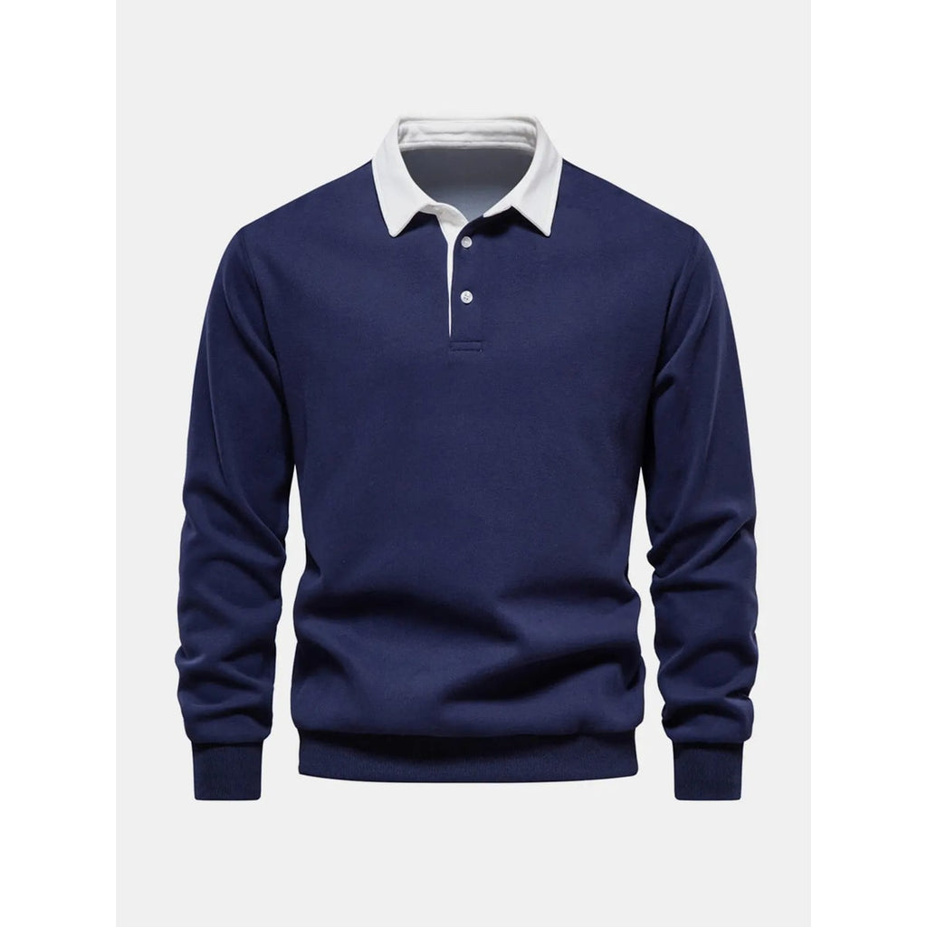 Men's Long Sleeve Polo Sweatshirt with Contrast Collar and Button Placket - Image 2