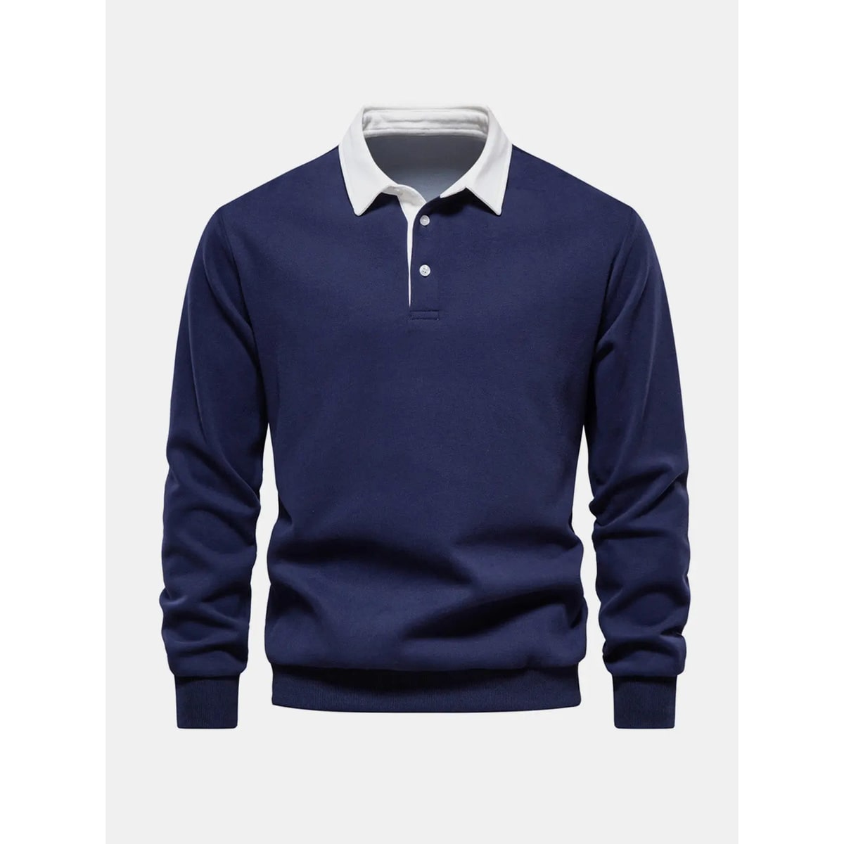 Men's Long Sleeve Polo Sweatshirt with Contrast Collar and Button Placket - Image 2