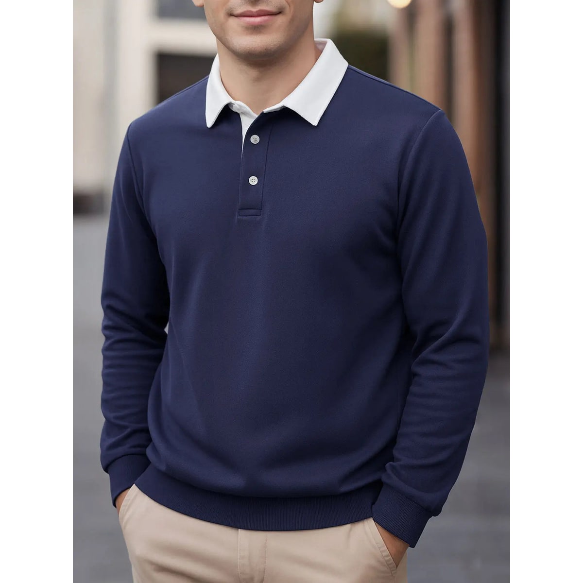 Men's Long Sleeve Polo Sweatshirt with Contrast Collar and Button Placket - Image 3