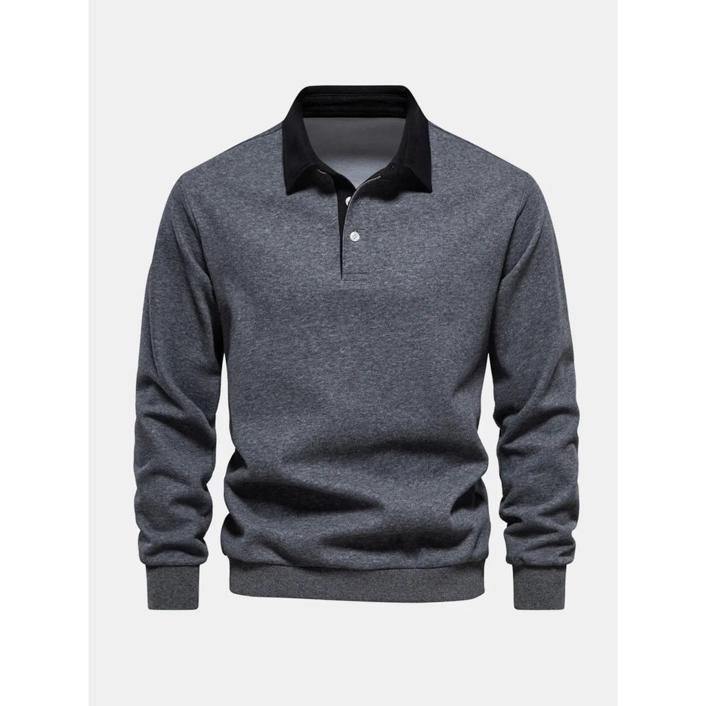 Men's Long Sleeve Polo Sweatshirt with Contrast Collar and Button Placket - Image 7