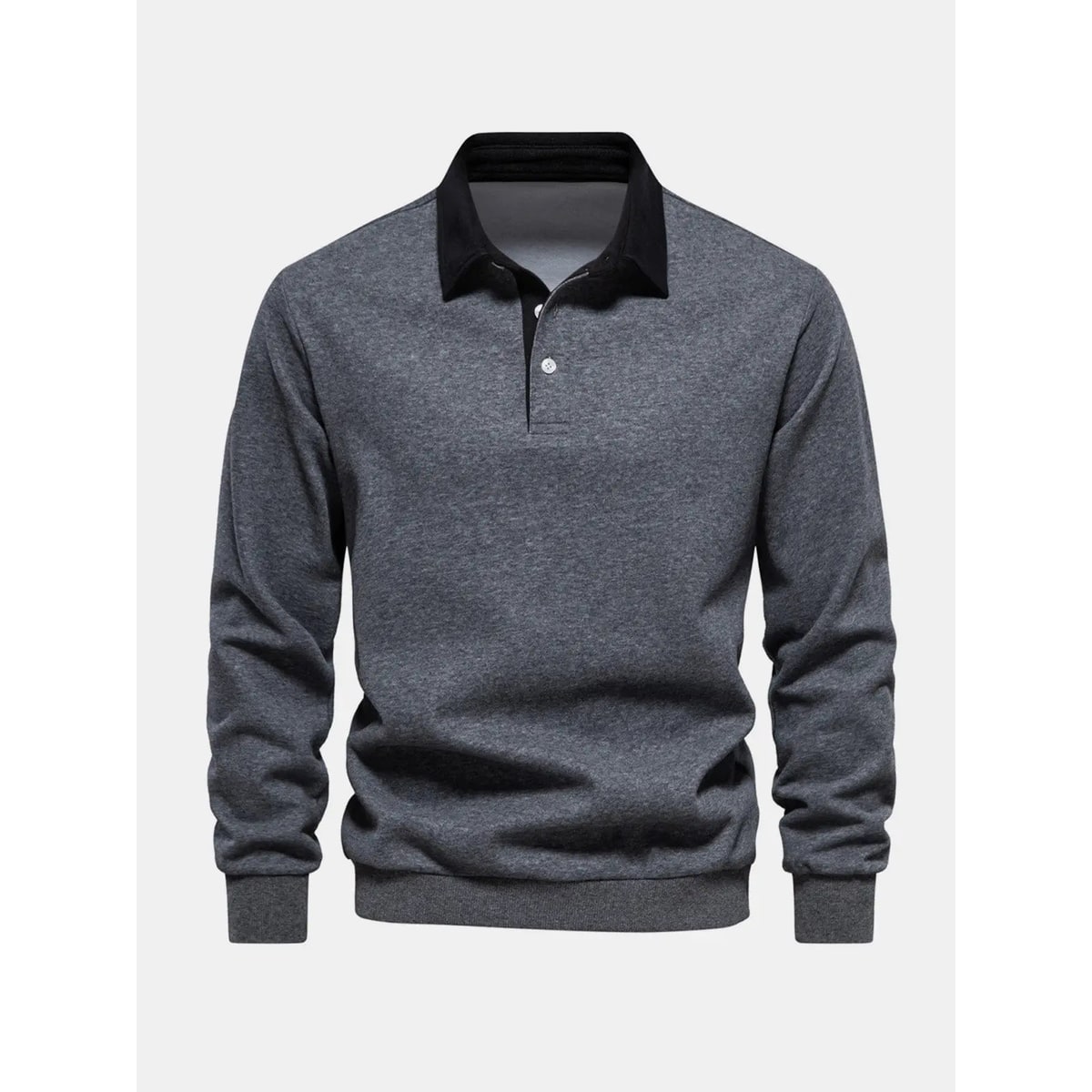 Men's Long Sleeve Polo Sweatshirt with Contrast Collar and Button Placket - Image 7