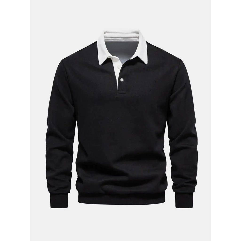 Men's Long Sleeve Polo Sweatshirt with Contrast Collar and Button Placket - Image 8