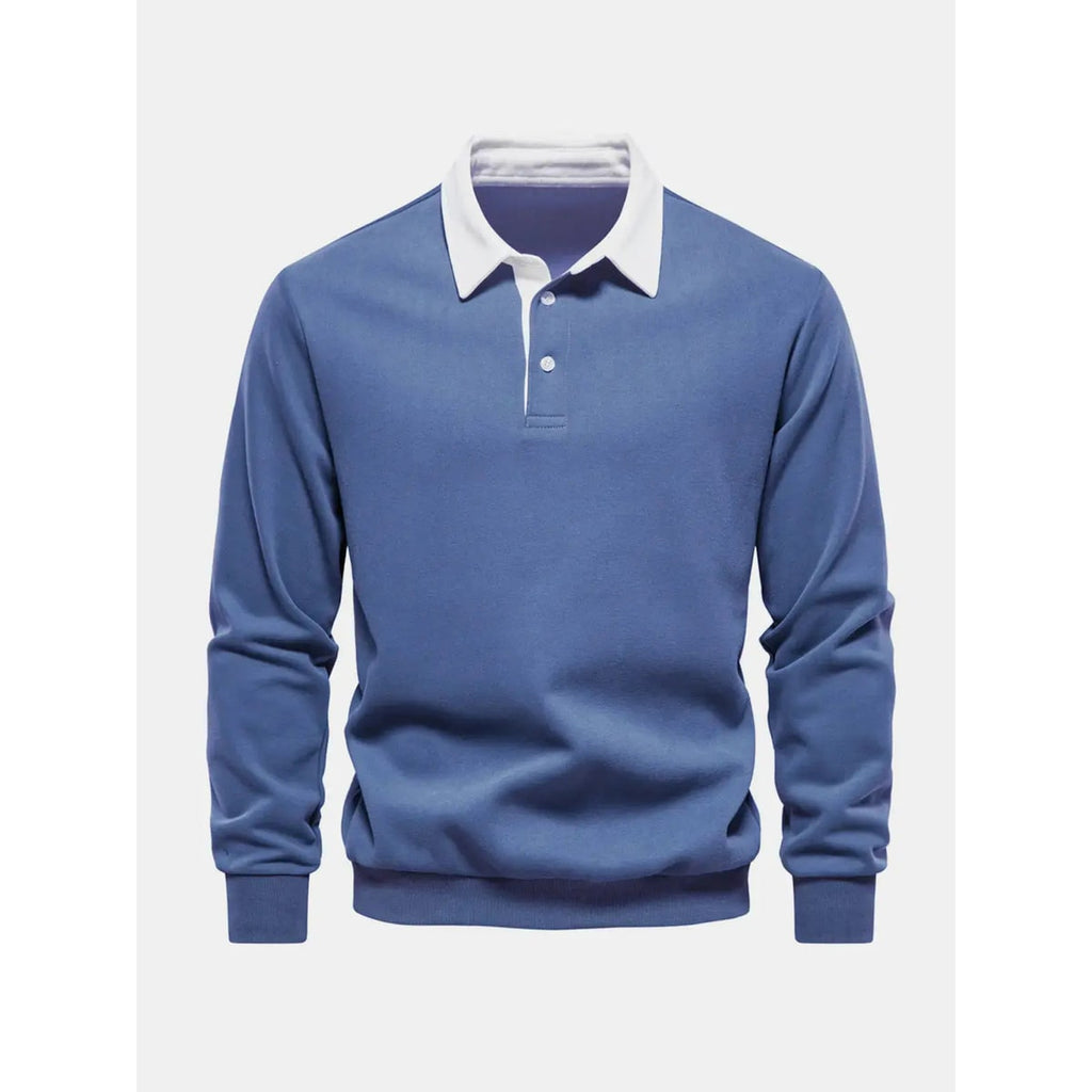 Men's Long Sleeve Polo Sweatshirt with Contrast Collar and Button Placket - Image 9