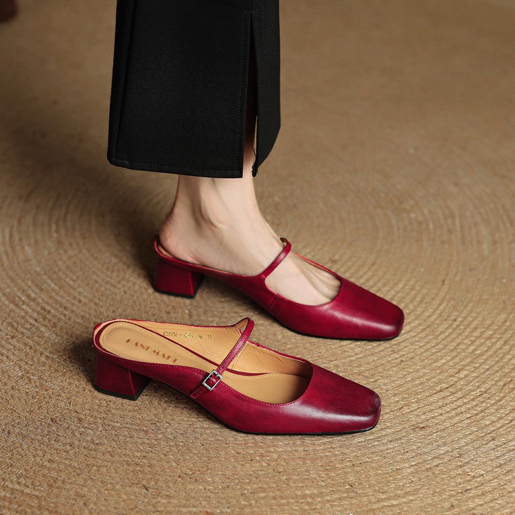 Men's Mary Jane Block Heel Leather Mules with Square Toe and Silver Buckle - Image 1