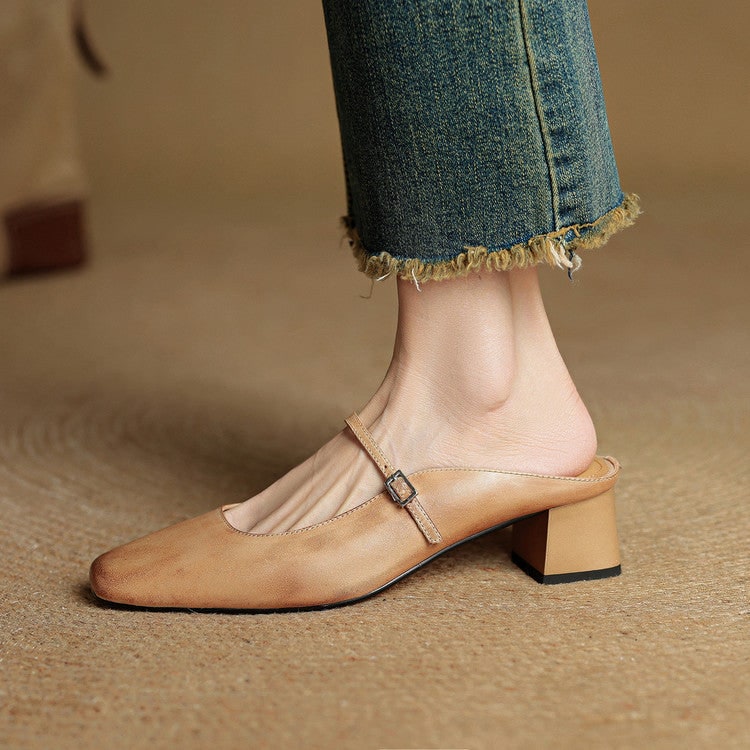 Men's Mary Jane Block Heel Leather Mules with Square Toe and Silver Buckle - Image 11