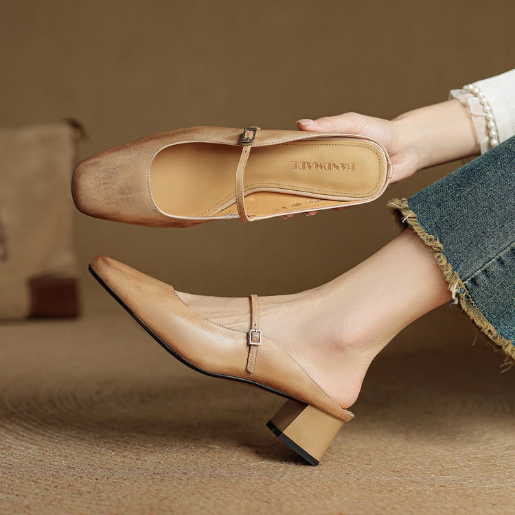 Men's Mary Jane Block Heel Leather Mules with Square Toe and Silver Buckle - Image 12