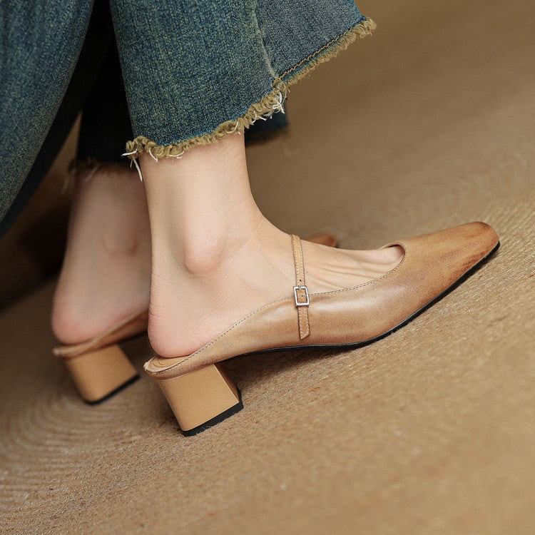 Men's Mary Jane Block Heel Leather Mules with Square Toe and Silver Buckle - Image 13