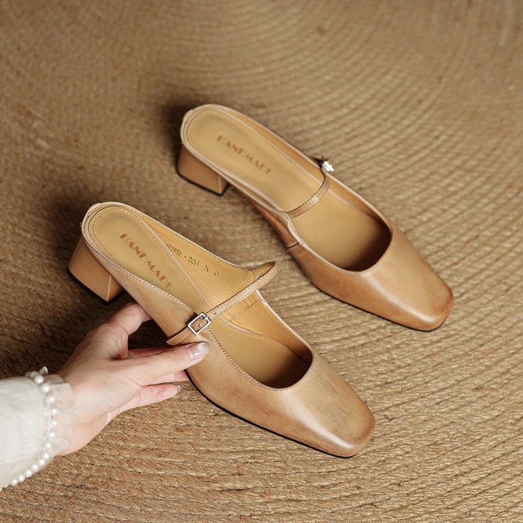 Men's Mary Jane Block Heel Leather Mules with Square Toe and Silver Buckle - Image 14