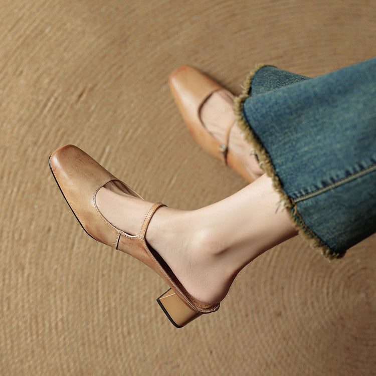 Men's Mary Jane Block Heel Leather Mules with Square Toe and Silver Buckle - Image 15
