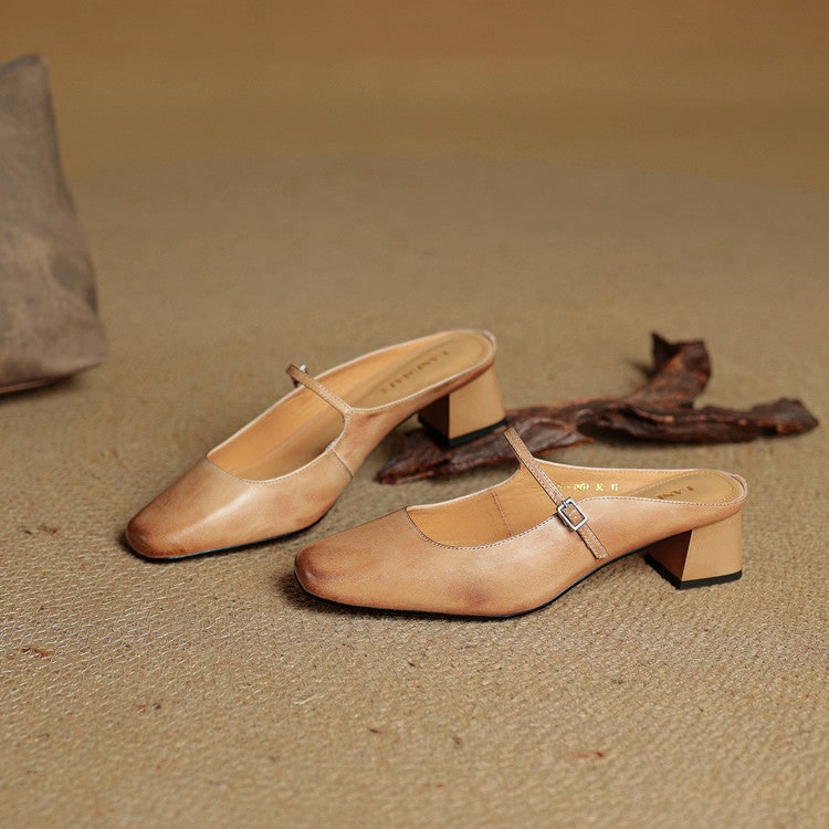 Men's Mary Jane Block Heel Leather Mules with Square Toe and Silver Buckle - Image 16