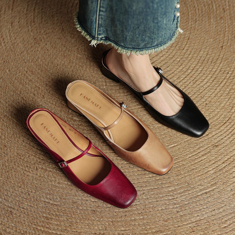 Men's Mary Jane Block Heel Leather Mules with Square Toe and Silver Buckle - Image 18