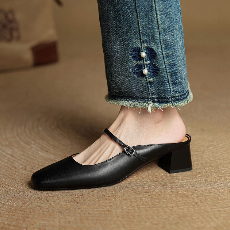 Men's Mary Jane Block Heel Leather Mules with Square Toe and Silver Buckle - Image 19