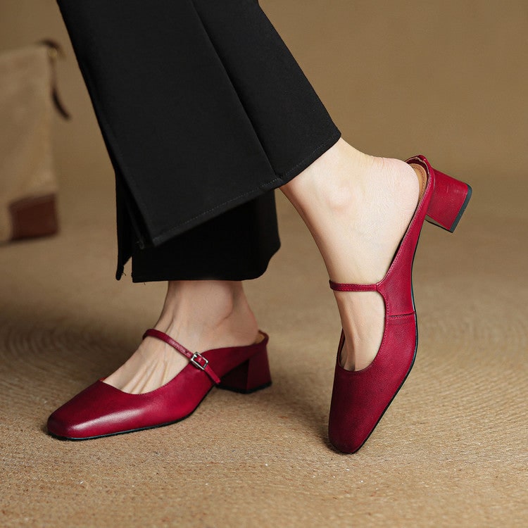 Men's Mary Jane Block Heel Leather Mules with Square Toe and Silver Buckle - Image 2