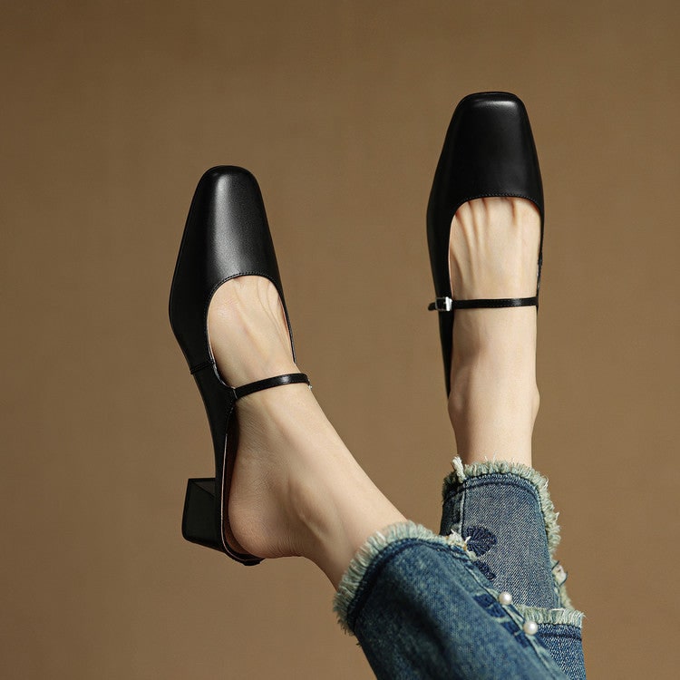 Men's Mary Jane Block Heel Leather Mules with Square Toe and Silver Buckle - Image 20