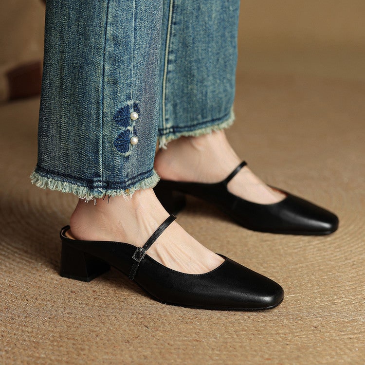 Men's Mary Jane Block Heel Leather Mules with Square Toe and Silver Buckle - Image 22