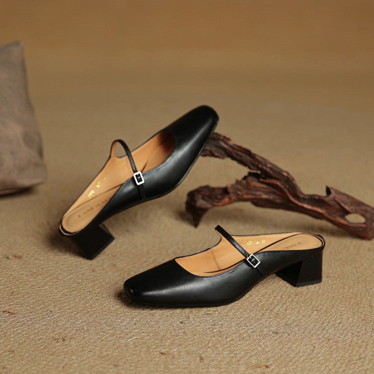 Men's Mary Jane Block Heel Leather Mules with Square Toe and Silver Buckle - Image 23