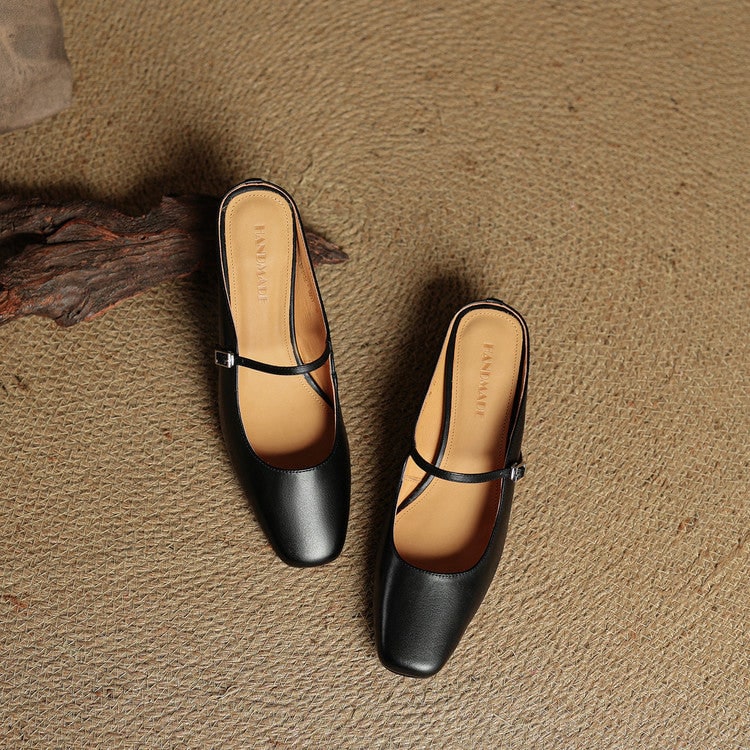 Men's Mary Jane Block Heel Leather Mules with Square Toe and Silver Buckle - Image 24