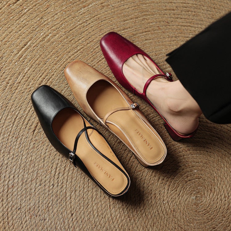 Men's Mary Jane Block Heel Leather Mules with Square Toe and Silver Buckle - Image 25