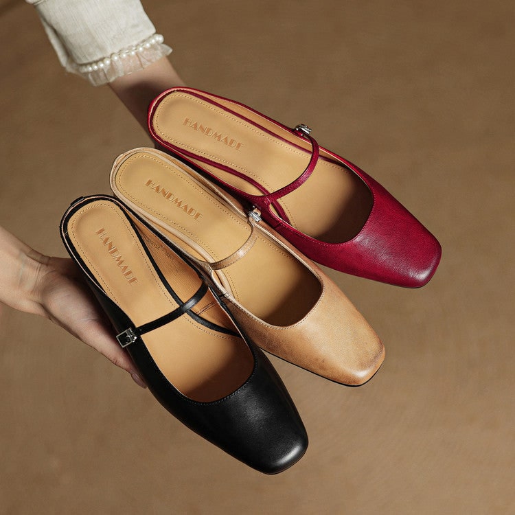 Men's Mary Jane Block Heel Leather Mules with Square Toe and Silver Buckle - Image 26