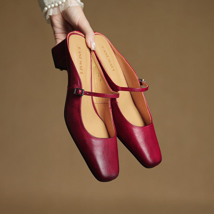 Men's Mary Jane Block Heel Leather Mules with Square Toe and Silver Buckle - Image 3
