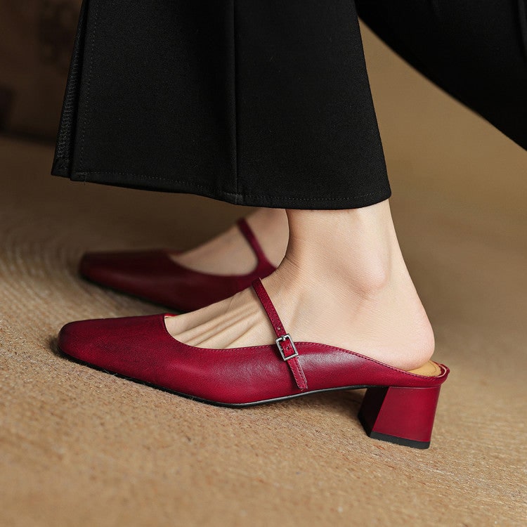 Men's Mary Jane Block Heel Leather Mules with Square Toe and Silver Buckle - Image 4