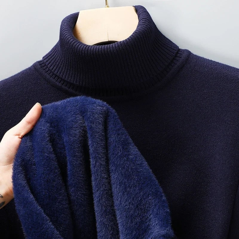 Men's Merino Wool Turtleneck Sweater with Plush Fleece Lining and Ribbed Collar - Image 14