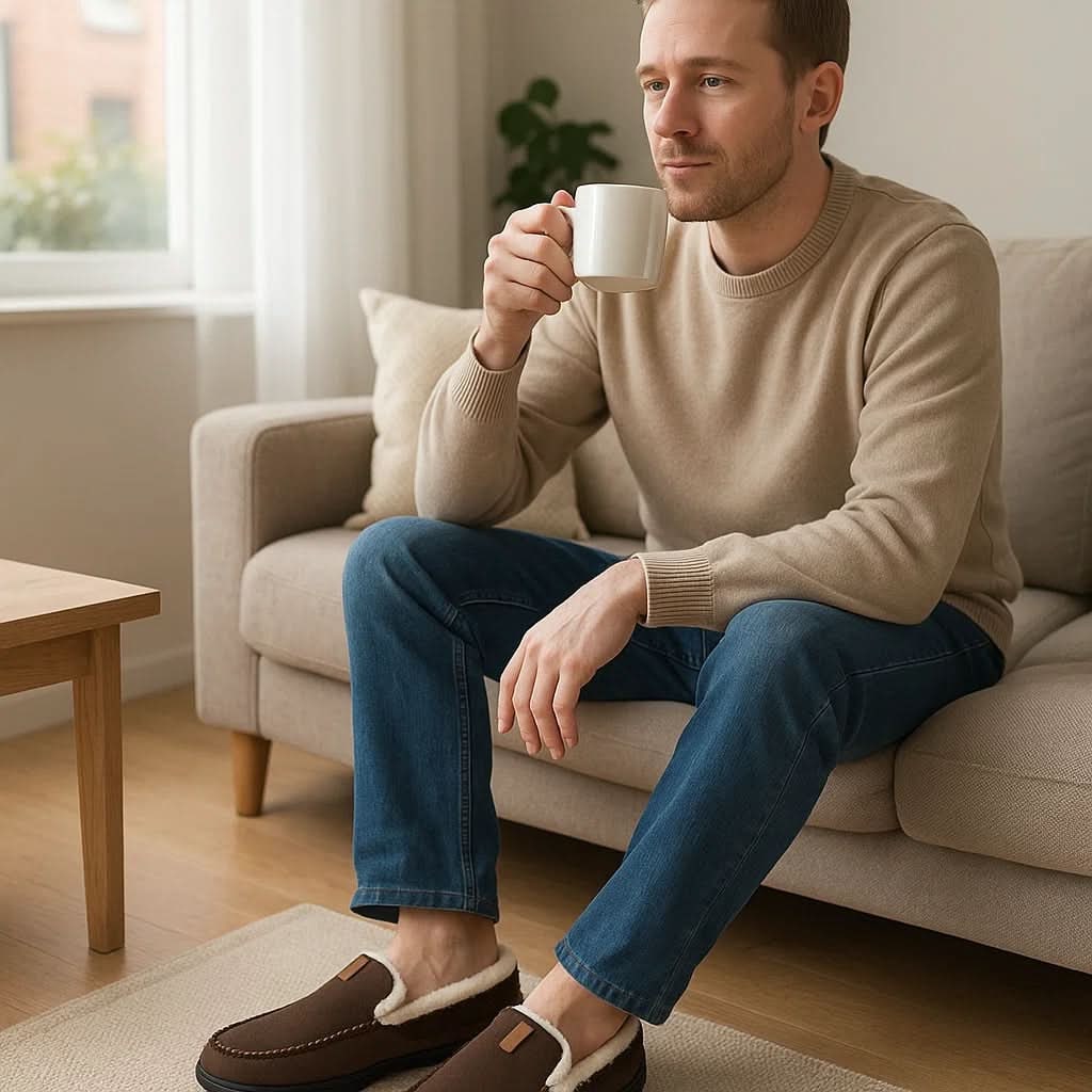 Men's Moccasin Slippers with Faux Fur Fleece Lining and Suede Upper Indoor Outdoor Slip-On - Image 2