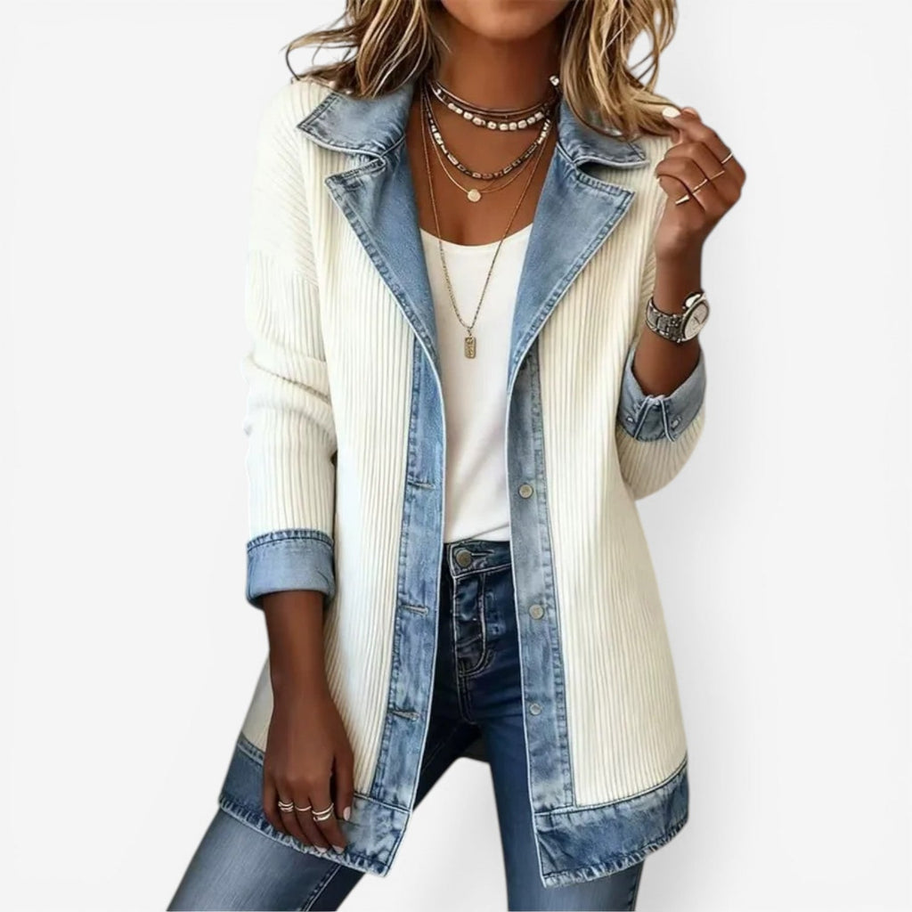 Men's Oversized Denim Knit Jacket with Ribbed Body and Layered Collar - Image 1