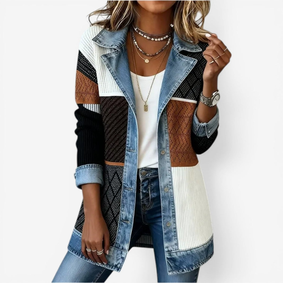 Men's Oversized Denim Knit Jacket with Ribbed Body and Layered Collar - Image 3
