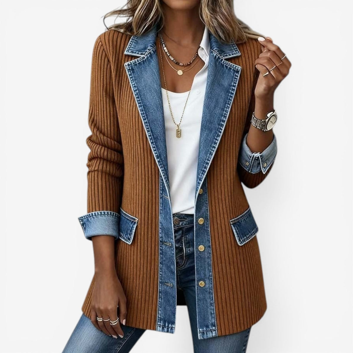 Men's Oversized Denim Knit Jacket with Ribbed Body and Layered Collar - Image 4