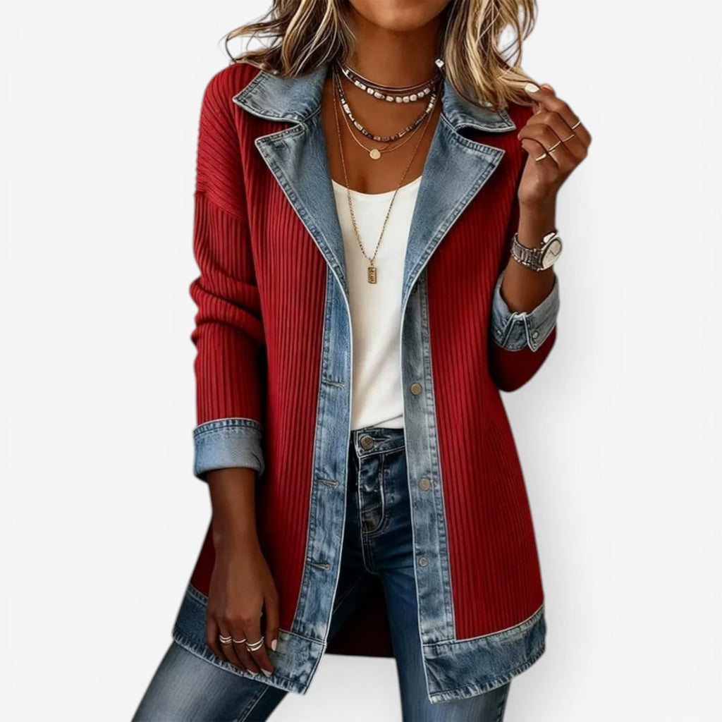 Men's Oversized Denim Knit Jacket with Ribbed Body and Layered Collar - Image 5