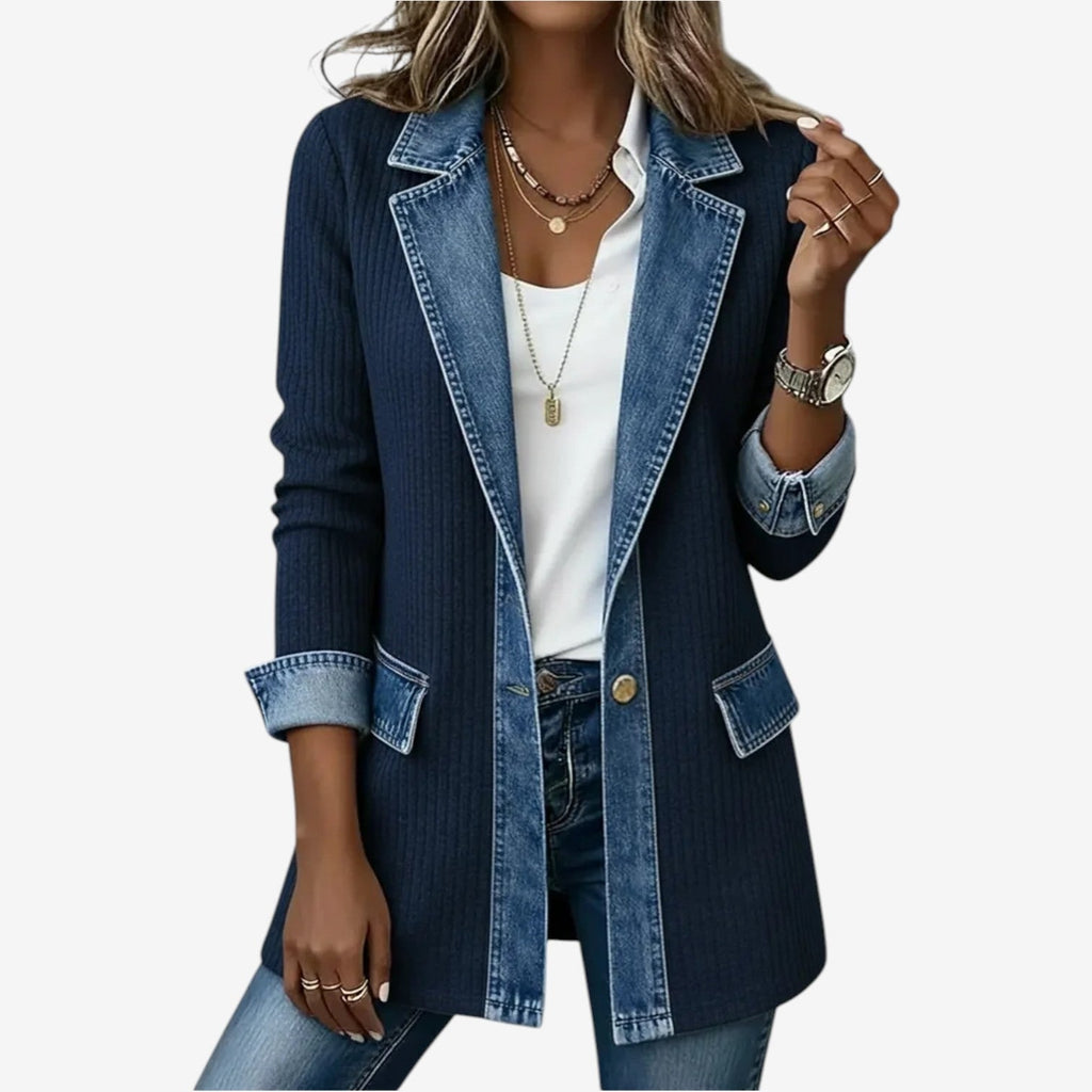 Men's Oversized Denim Knit Jacket with Ribbed Body and Layered Collar - Image 6