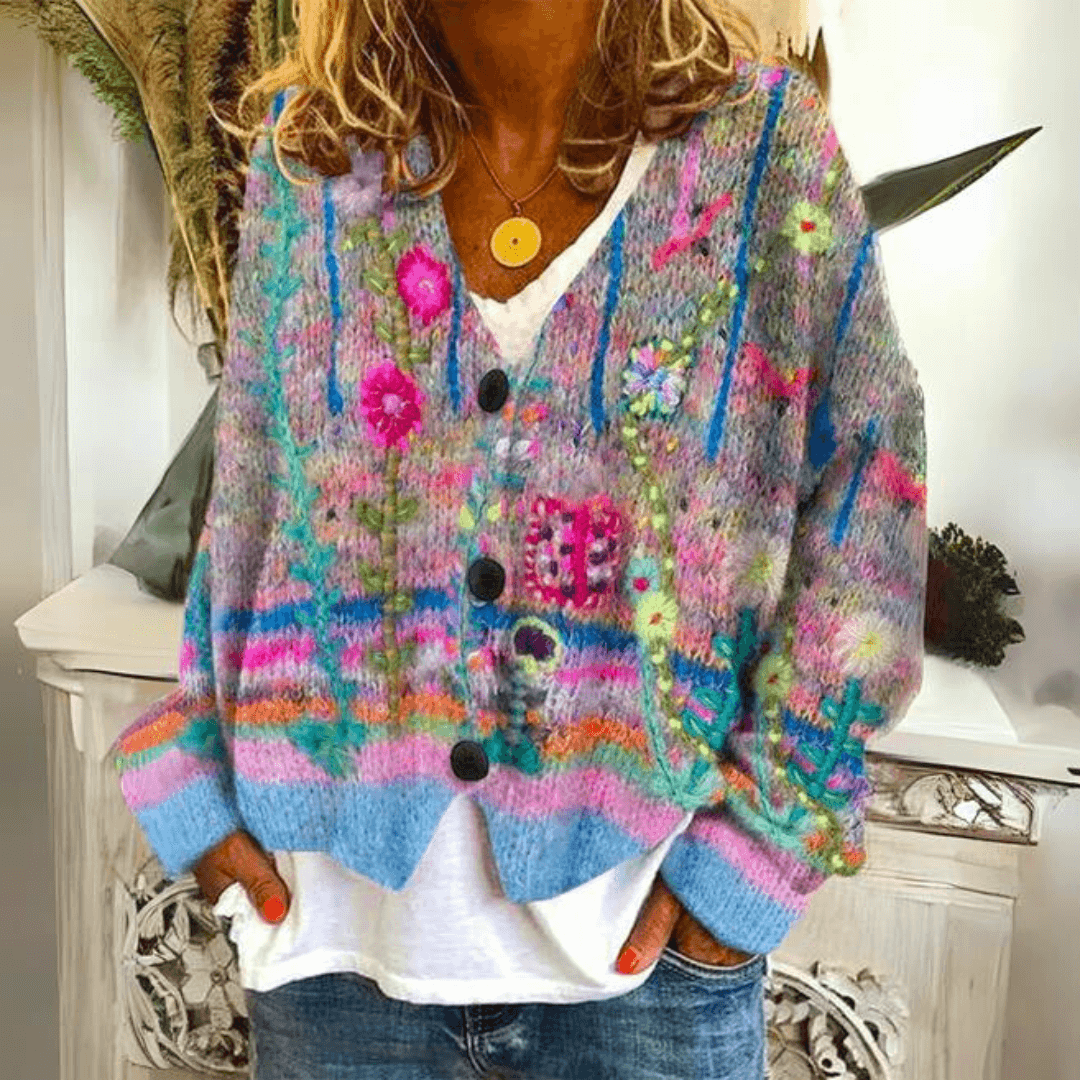 Men's Oversized Embroidered Cardigan Sweater with Floral Knit and V-Neckline - Image 1