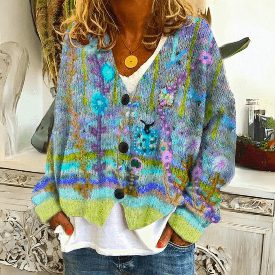 Men's Oversized Embroidered Cardigan Sweater with Floral Knit and V-Neckline - Image 2