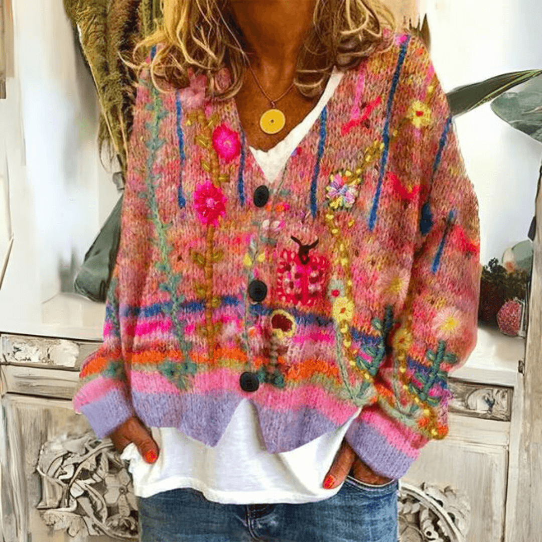 Men's Oversized Embroidered Cardigan Sweater with Floral Knit and V-Neckline - Image 3
