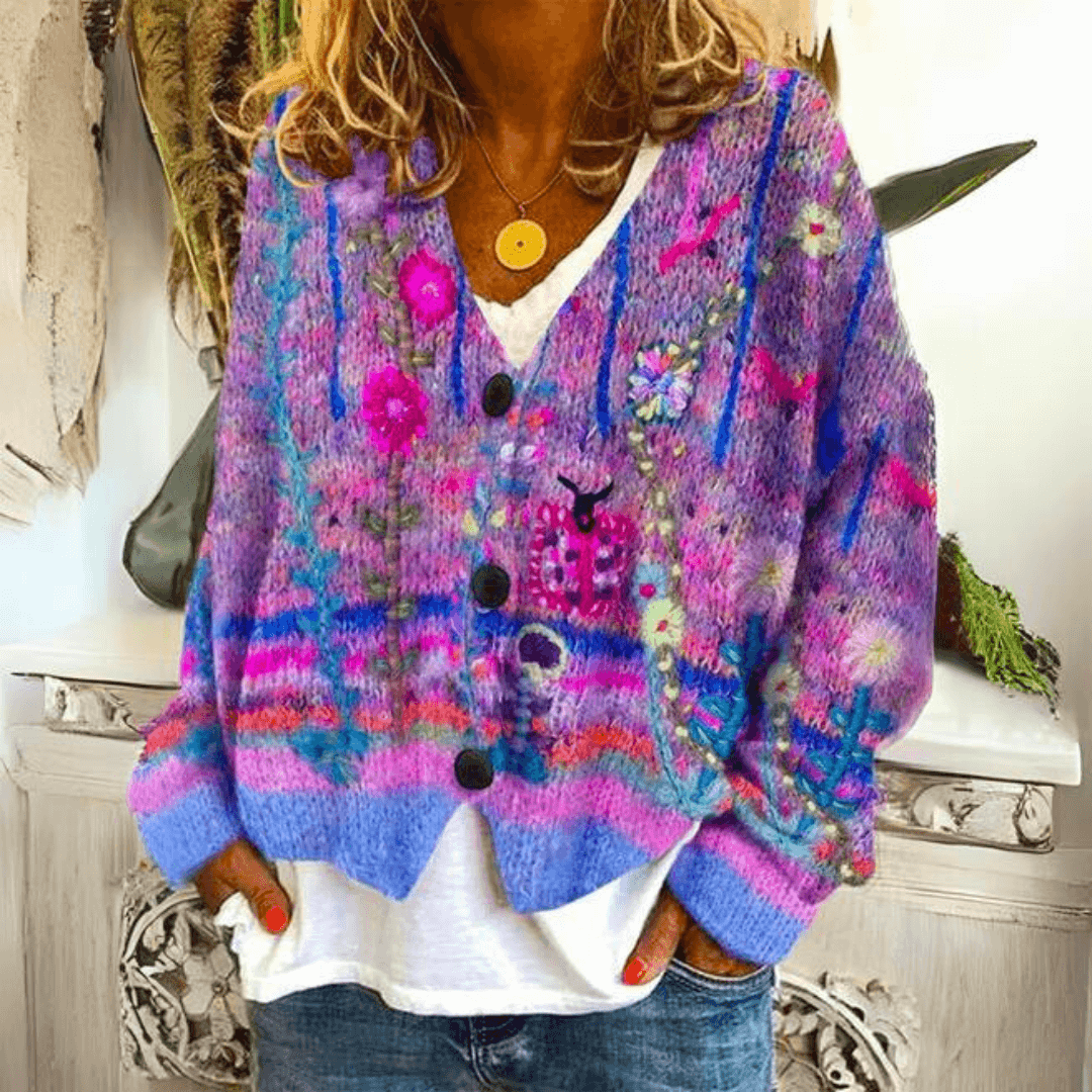 Men's Oversized Embroidered Cardigan Sweater with Floral Knit and V-Neckline - Image 4