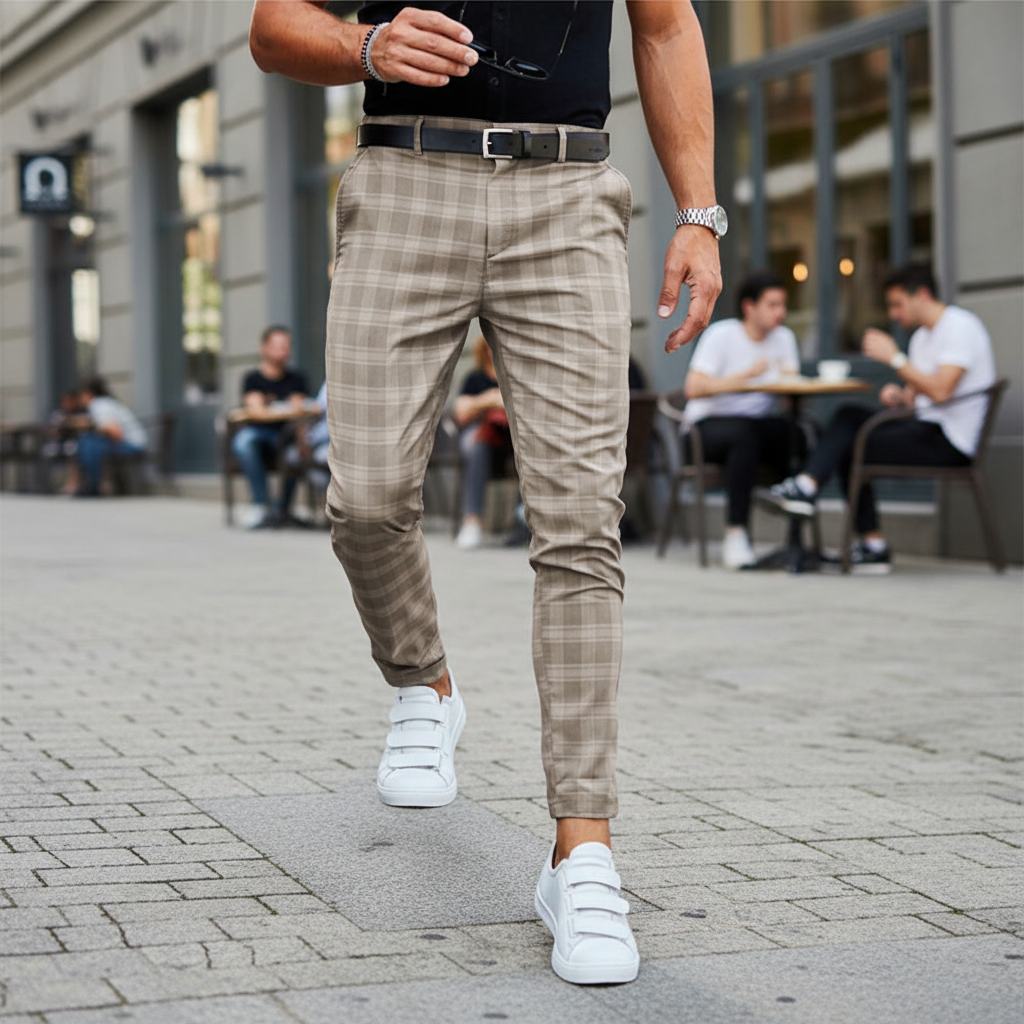 Men's Plaid Chino Pants Slim Fit Casual Dress Tapered Ankle - Image 1