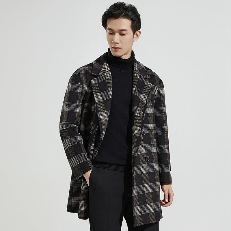 Men's Plaid Wool Dress Overcoat with Double Breasted Notched Lapels - Image 1